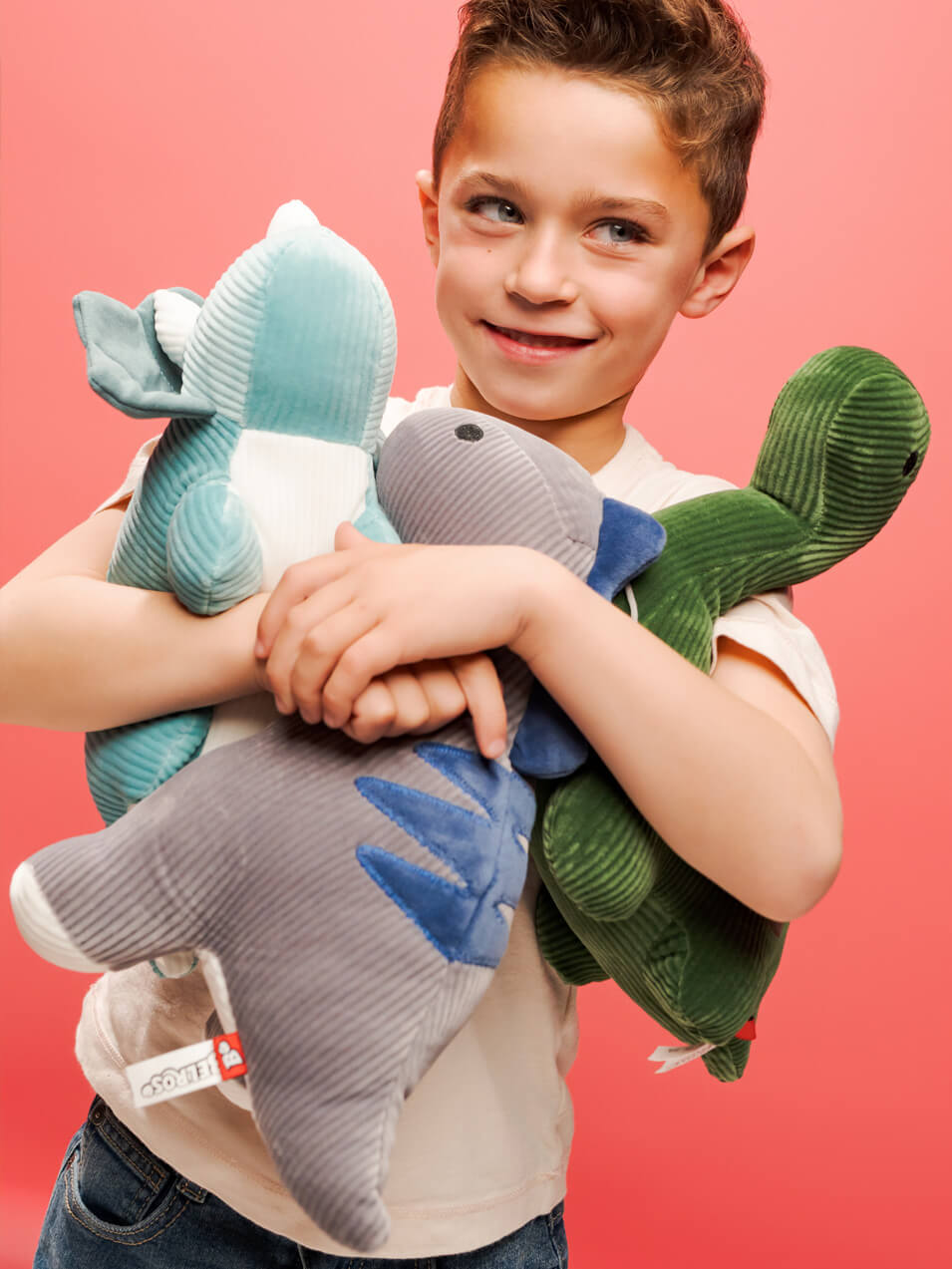 Image Boy with dinosaur plushies